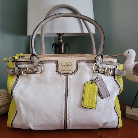 Coach 22701 Madison Kara Carryall Green Tan Cream Leather Brass Y2K Satchel Bag - Picture 16 of 16